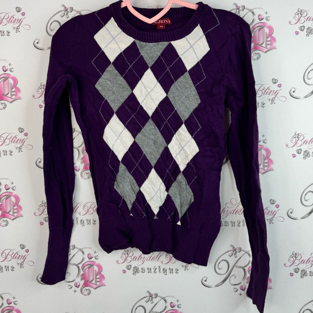Merona long sleeve diamond pattern preppy top Purple Argyle Crew Neck Sweater